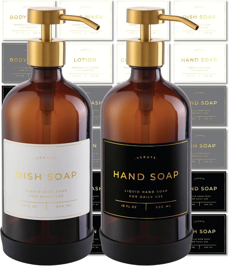 Verute Hand and Dish Soap Dispenser for Kitchen and Bathroom, Set of 2 16 Oz Glass Bottles, Stainless Steel Pumps, Non-Slip Silicone Base, 27 Waterproof Labels (Amber Bottle/Brushed Gold Pump) - Image 1